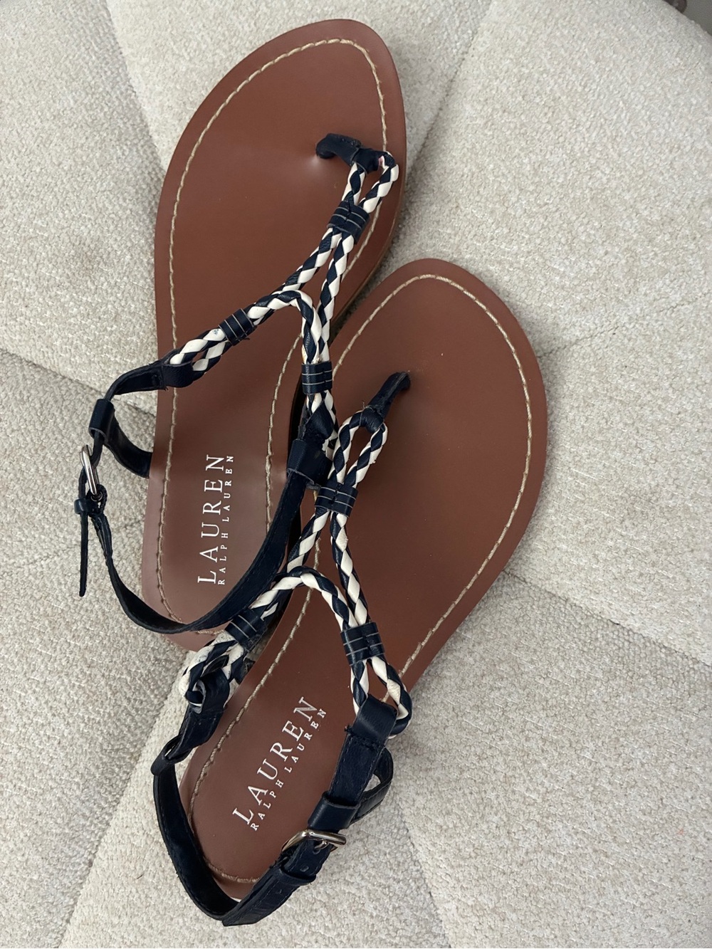 Lauren Ralph Lauren Navy and White Braided T-Strap Sandals